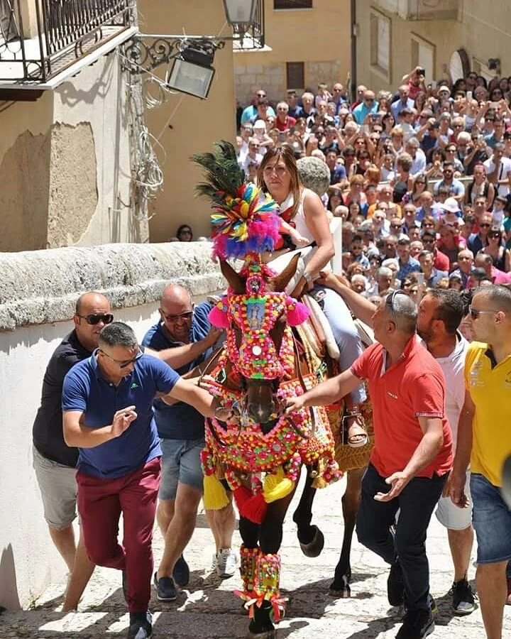 Un cavallo bardato a festa, con una donna in sella, accompagnato a mano fra la folla durante la festa di Maria SS. del Monte